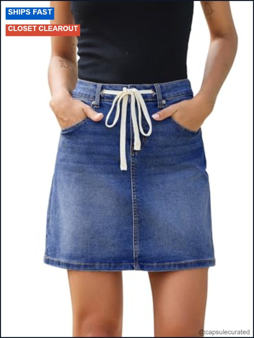 High Waist Drawstring Stretchy Casual Mini Denim Skirt with Pockets